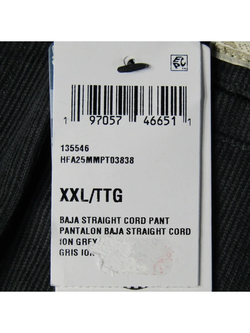 NWT Hurley Baja Straight Leg Corduroy Pants Men's XXL Ion Grey